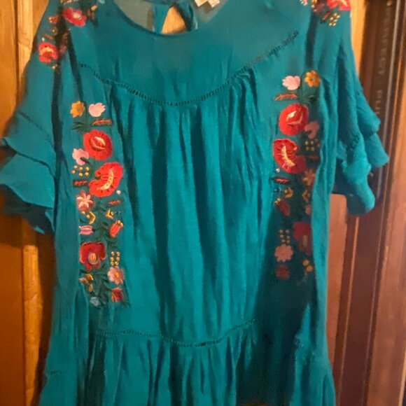 Umgee teal blouse with flowers - Picture 1 of 3